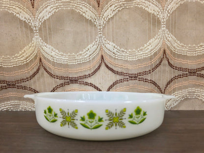 Vintage ovenschaal Anchor Hocking rond groen bloemenmotief 26,5