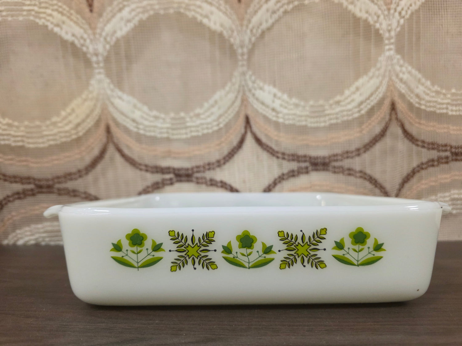 Vintage vierkante ovenschaal Anchor Hocking groen bloemenmotief