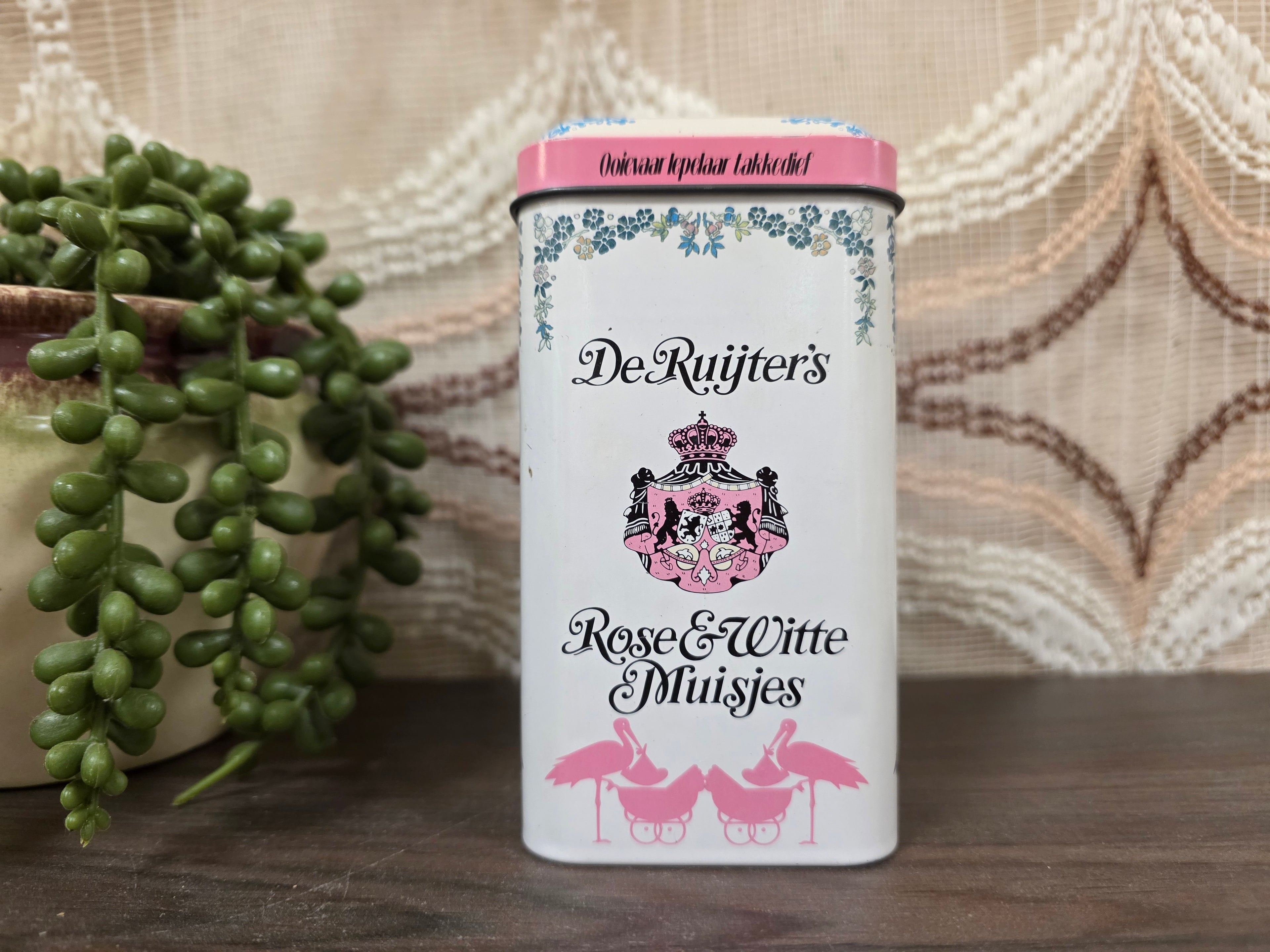 Vintage blik De Ruijter rose &amp; witte muisjes