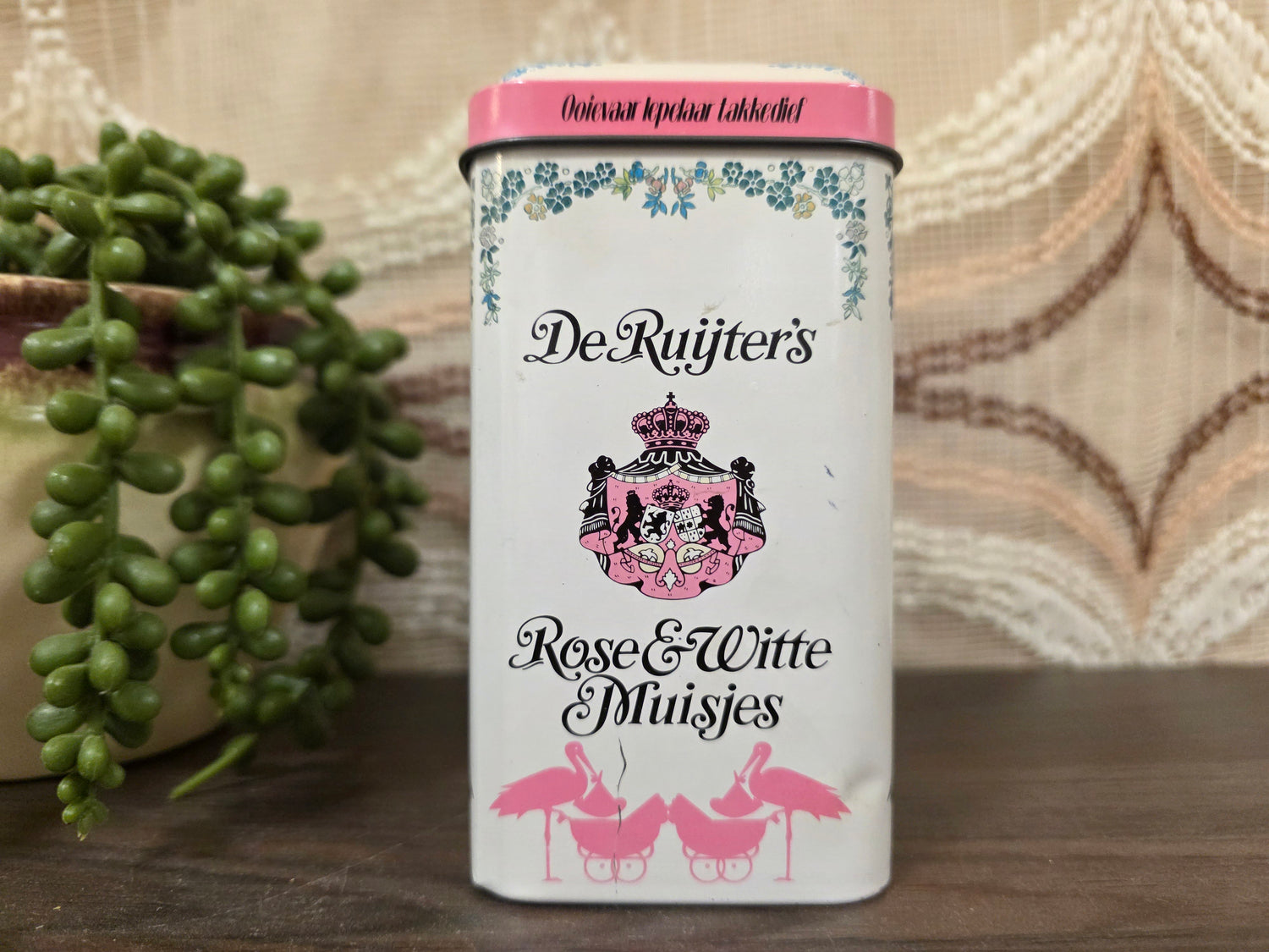 Vintage blik De Ruijter rose &amp; witte muisjes