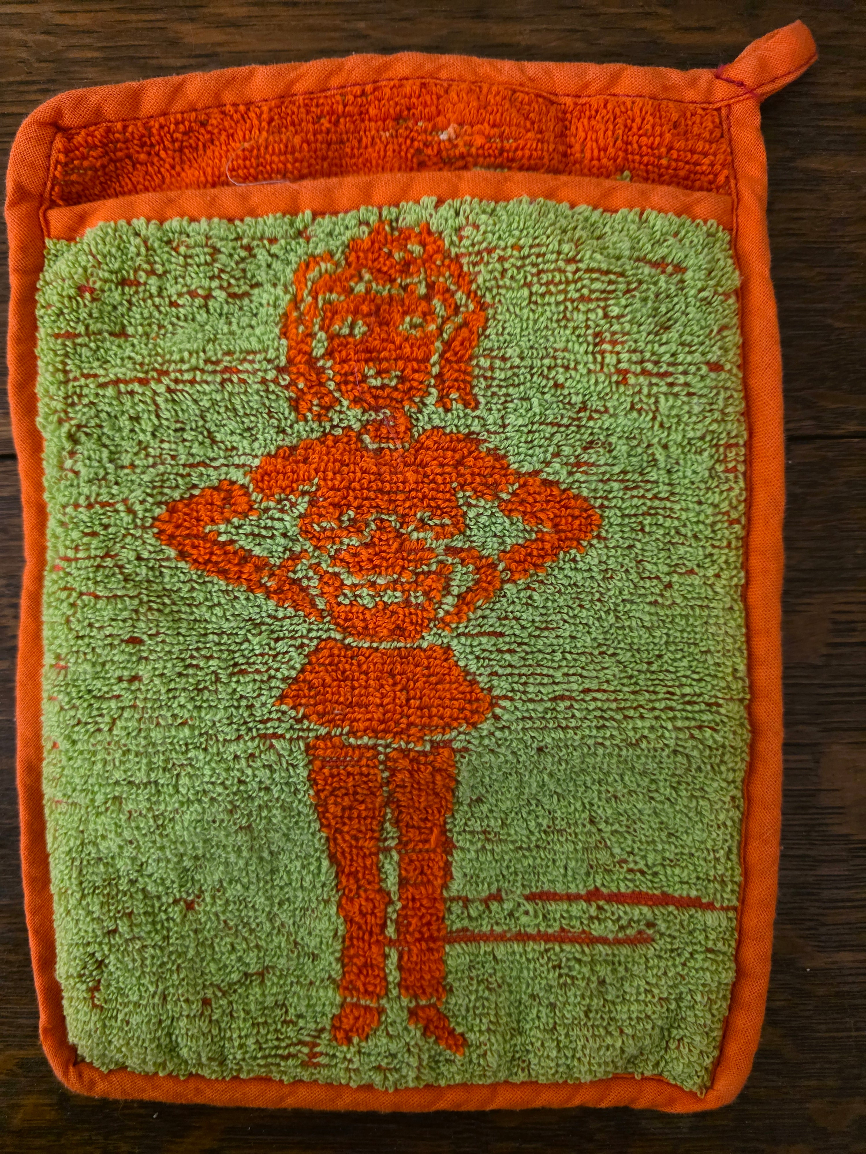 Vintage oranje - groene ovenwanten met tekst set van 2