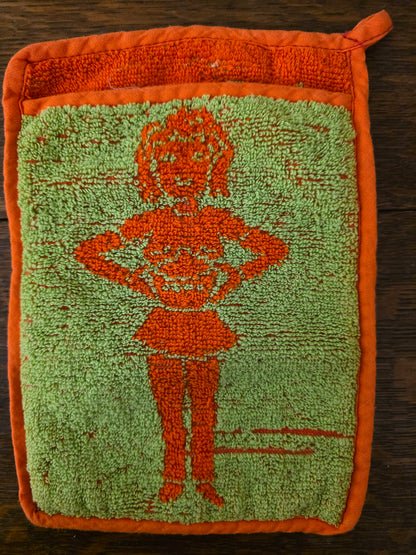 Vintage oranje - groene ovenwanten met tekst set van 2