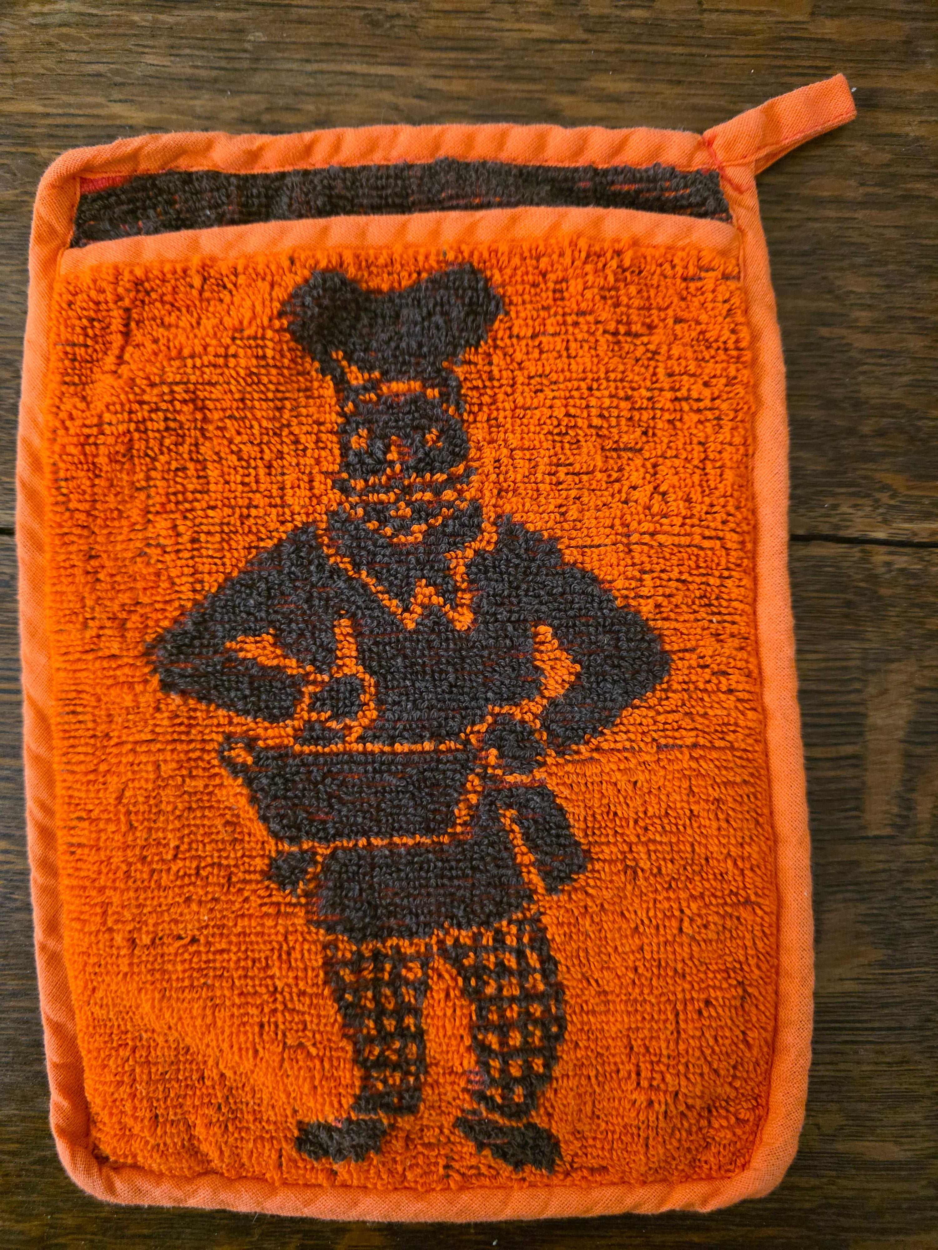 Vintage oranje - groene ovenwanten met tekst set van 2