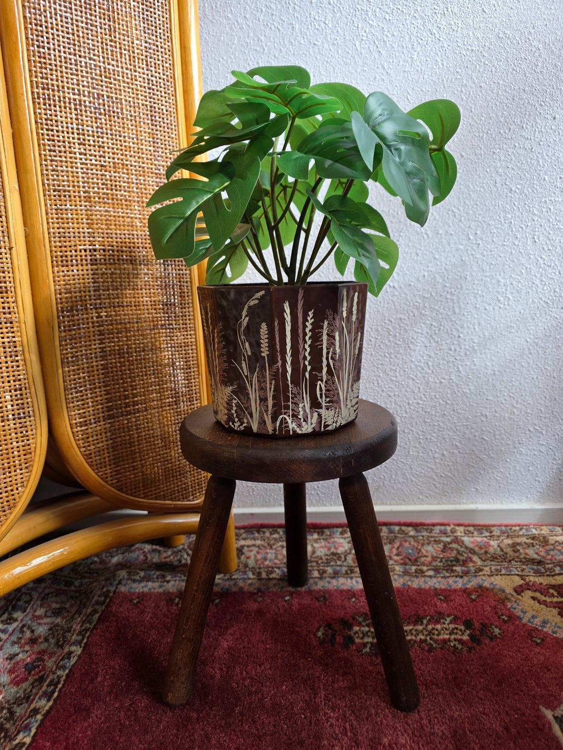 Vintage houten plantenkrukje driepoot krukje 26 cm