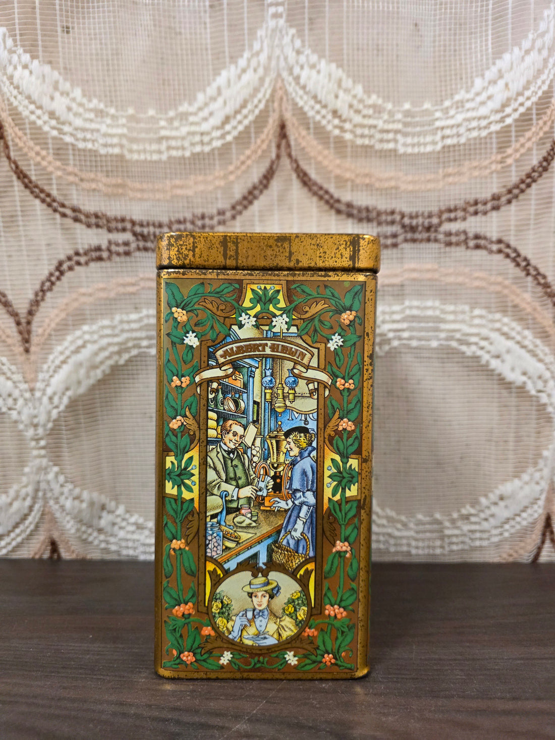 Vintage Albert Heijn Perla koffieblik met illustraties