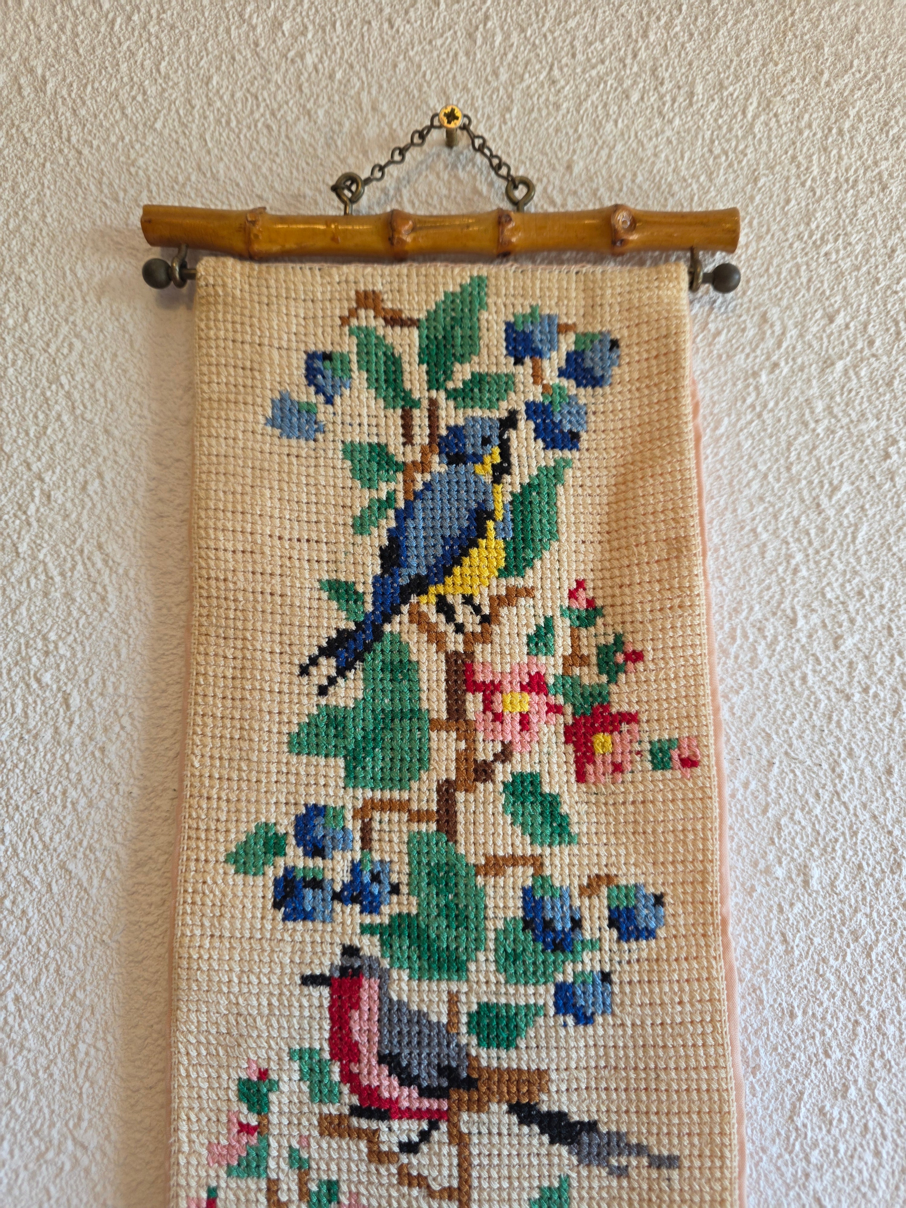 Geborduurd schellekoord vogels vintage wanddecoratie