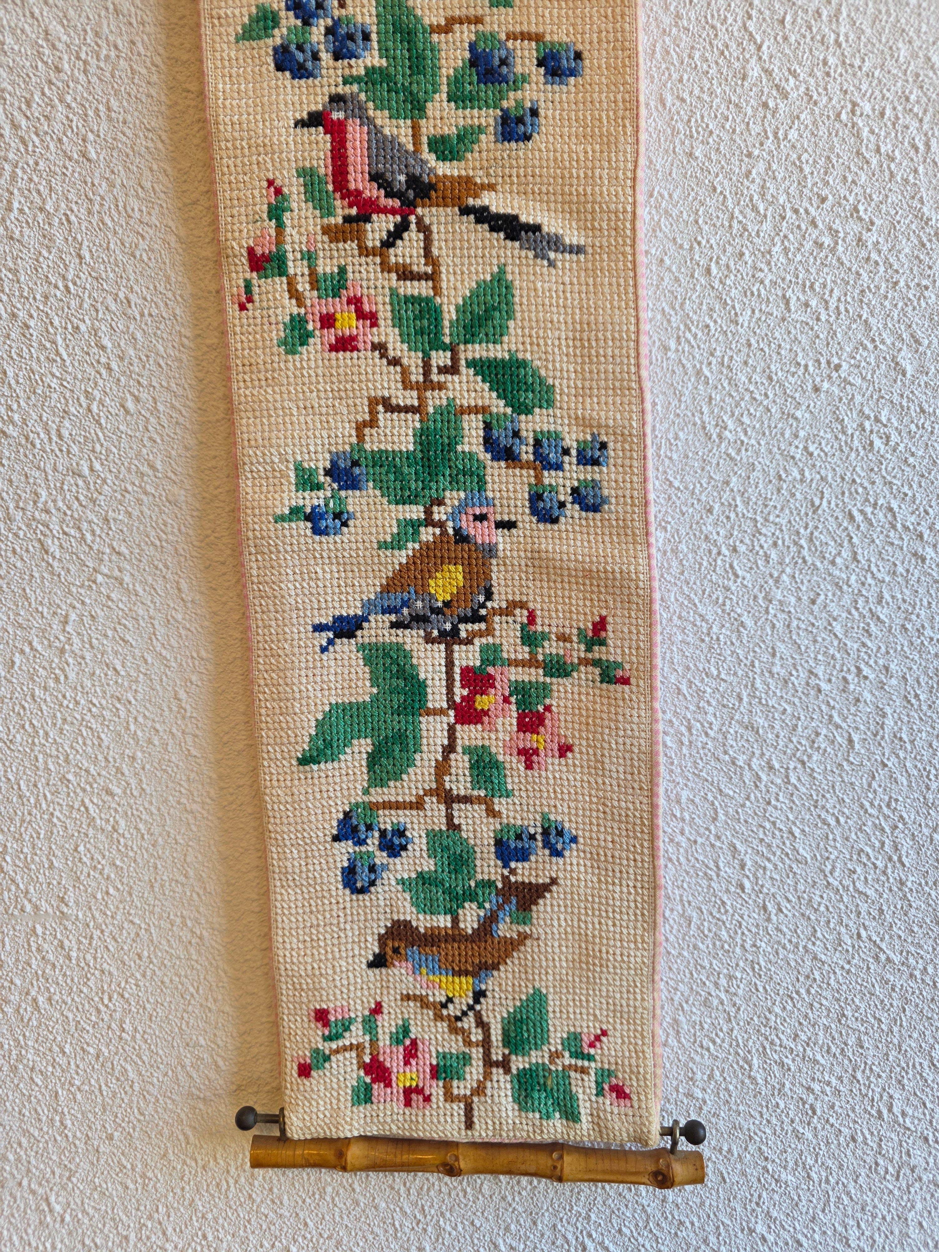 Geborduurd schellekoord vogels vintage wanddecoratie