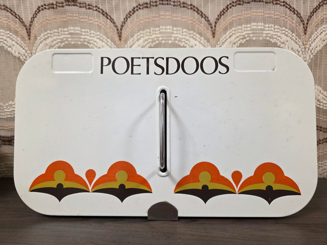 Vintage poetsdoos jaren 70 wit met oranje motief