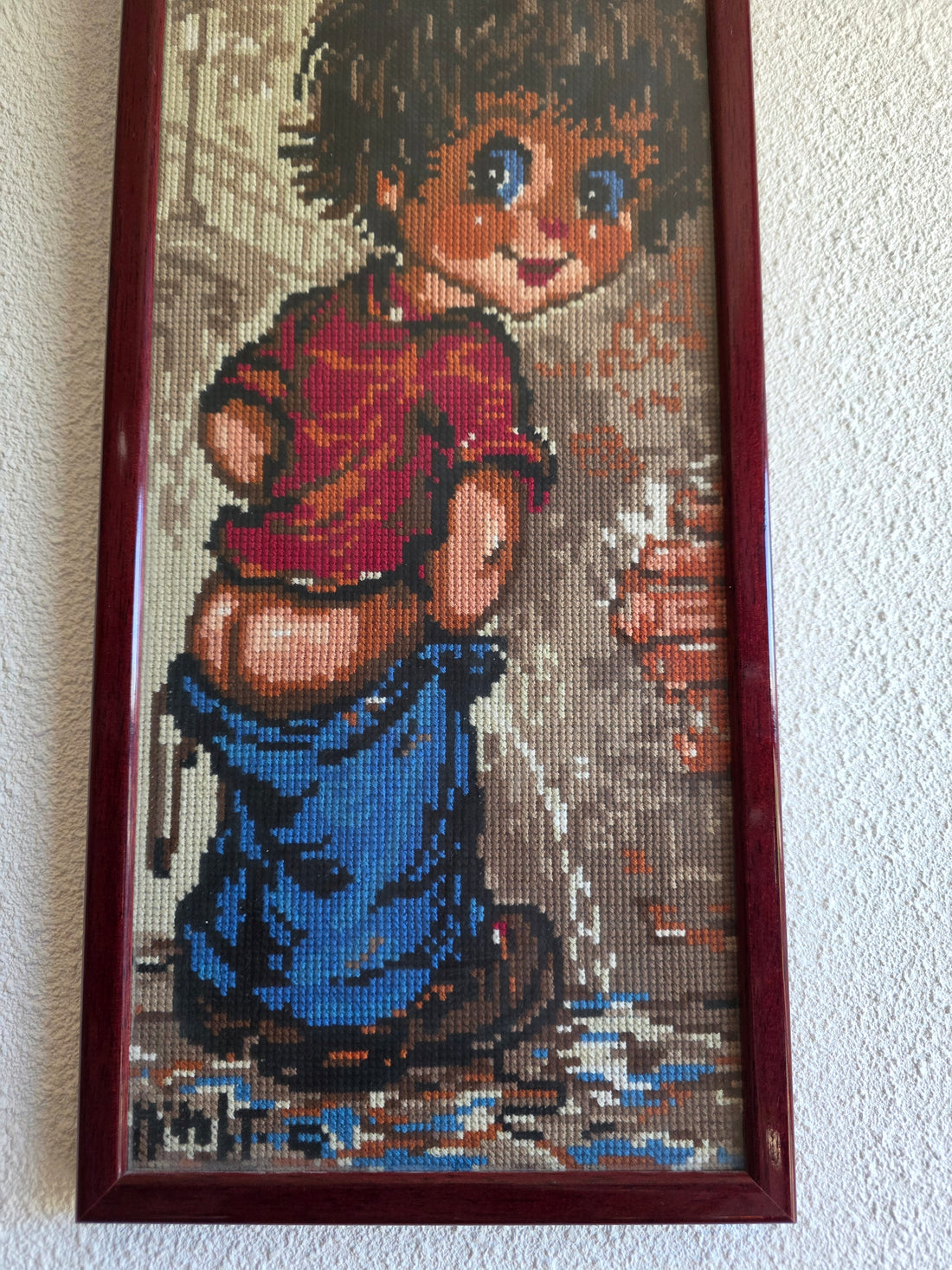 Vintage ingelijst borduurwerk jongetje wanddecoratie