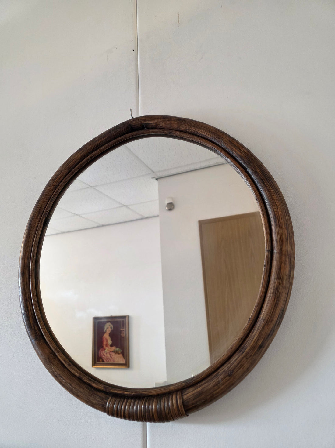 Vintage ronde spiegel rotan hout 45 cm