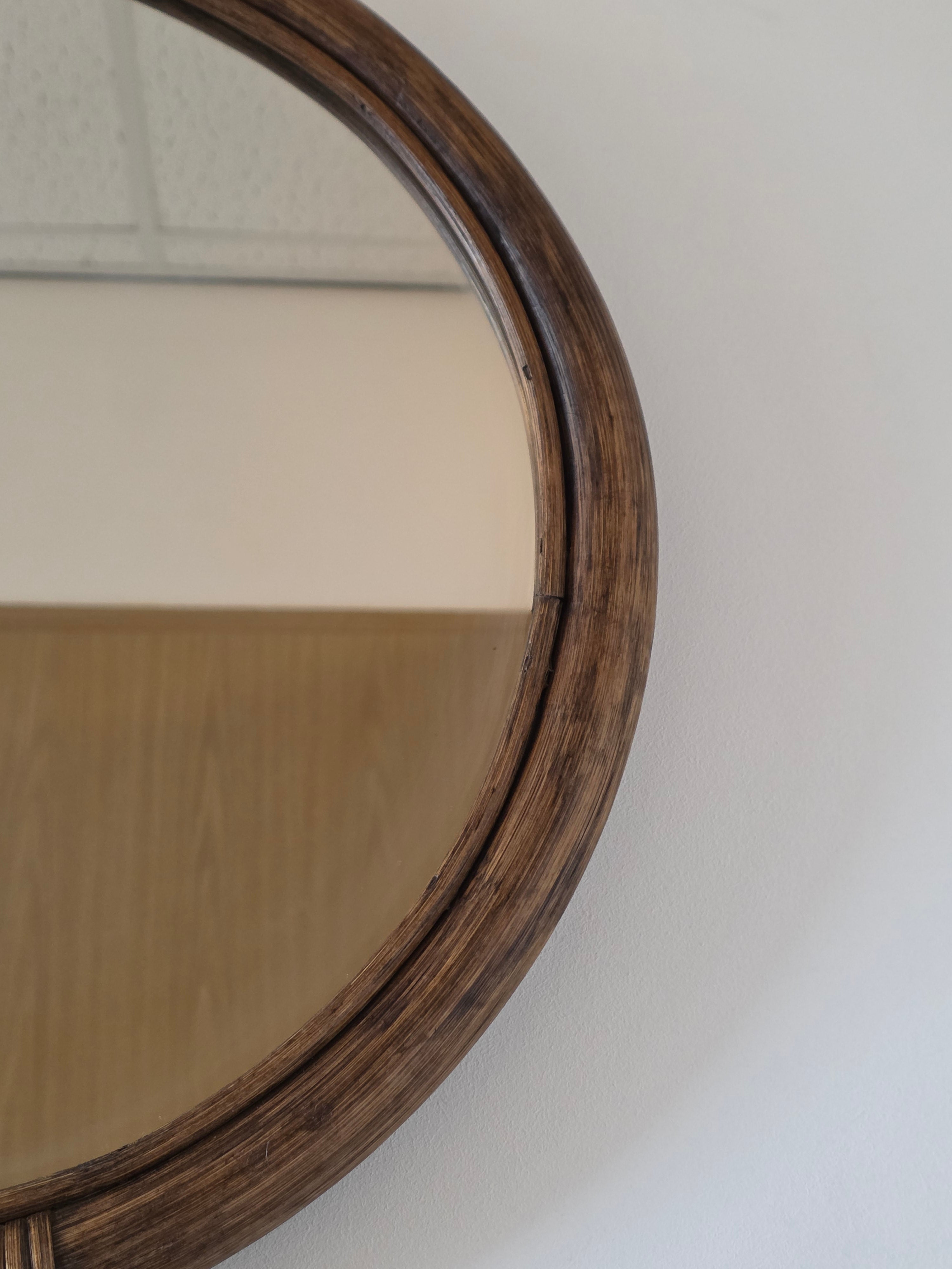 Vintage ronde spiegel rotan hout 45 cm