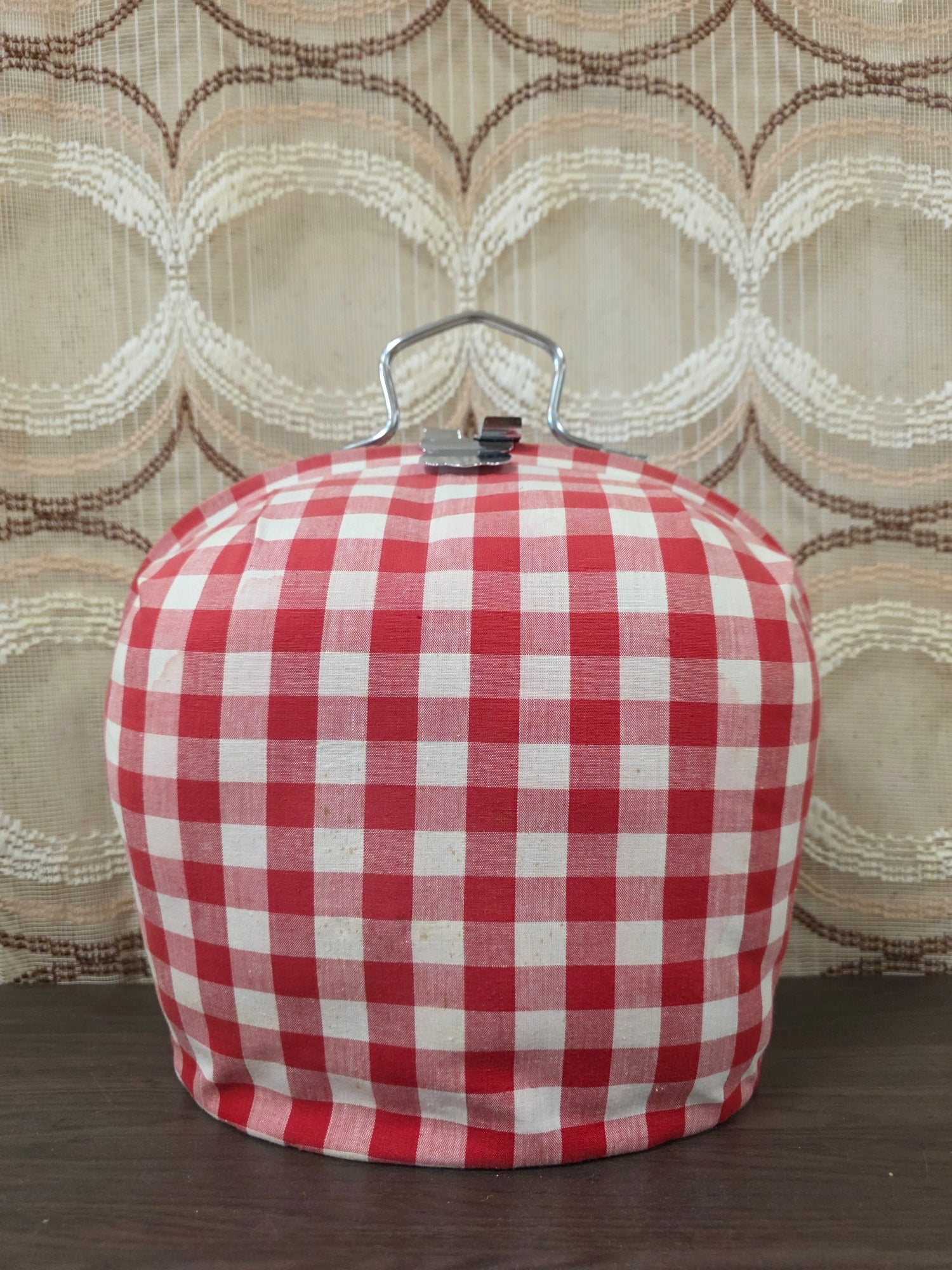 Vintage theebeurs met knip – rood wit geblokt