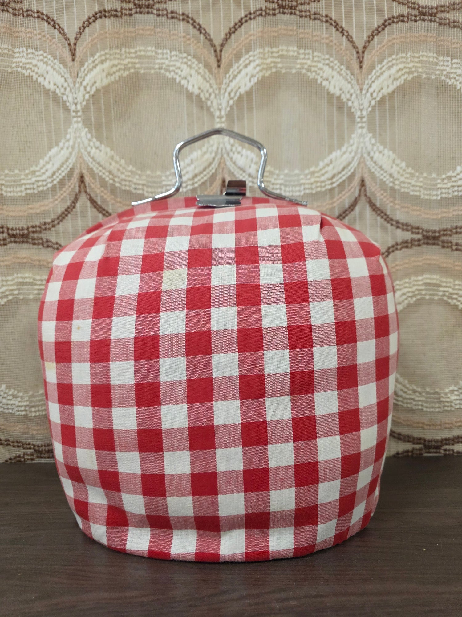 Vintage theebeurs met knip – rood wit geblokt