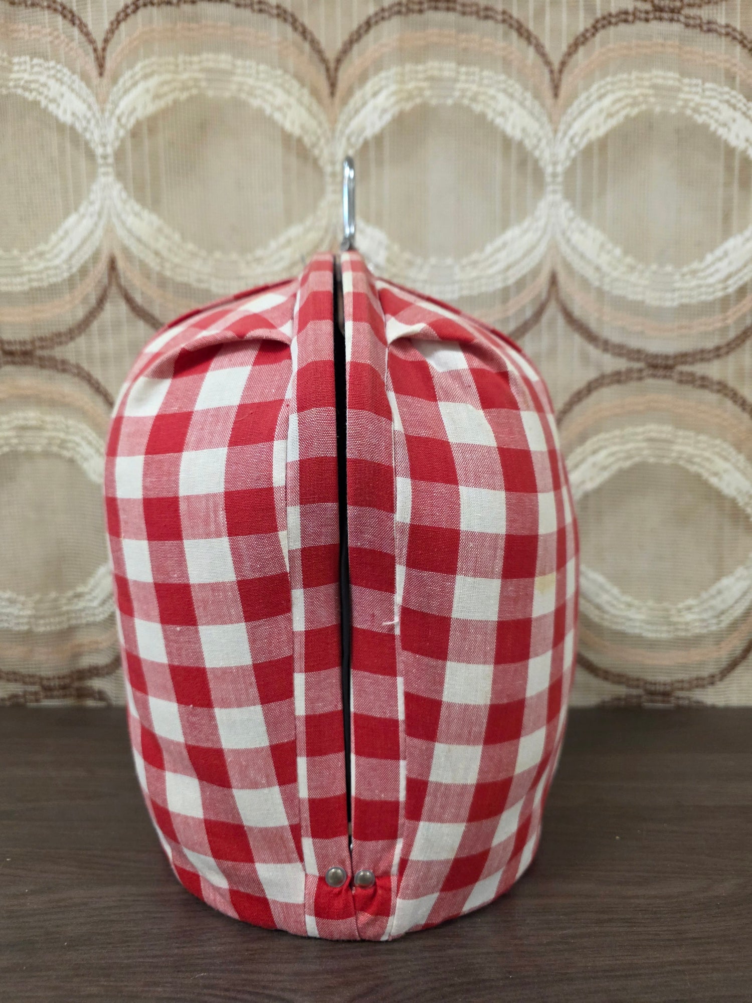 Vintage theebeurs met knip – rood wit geblokt