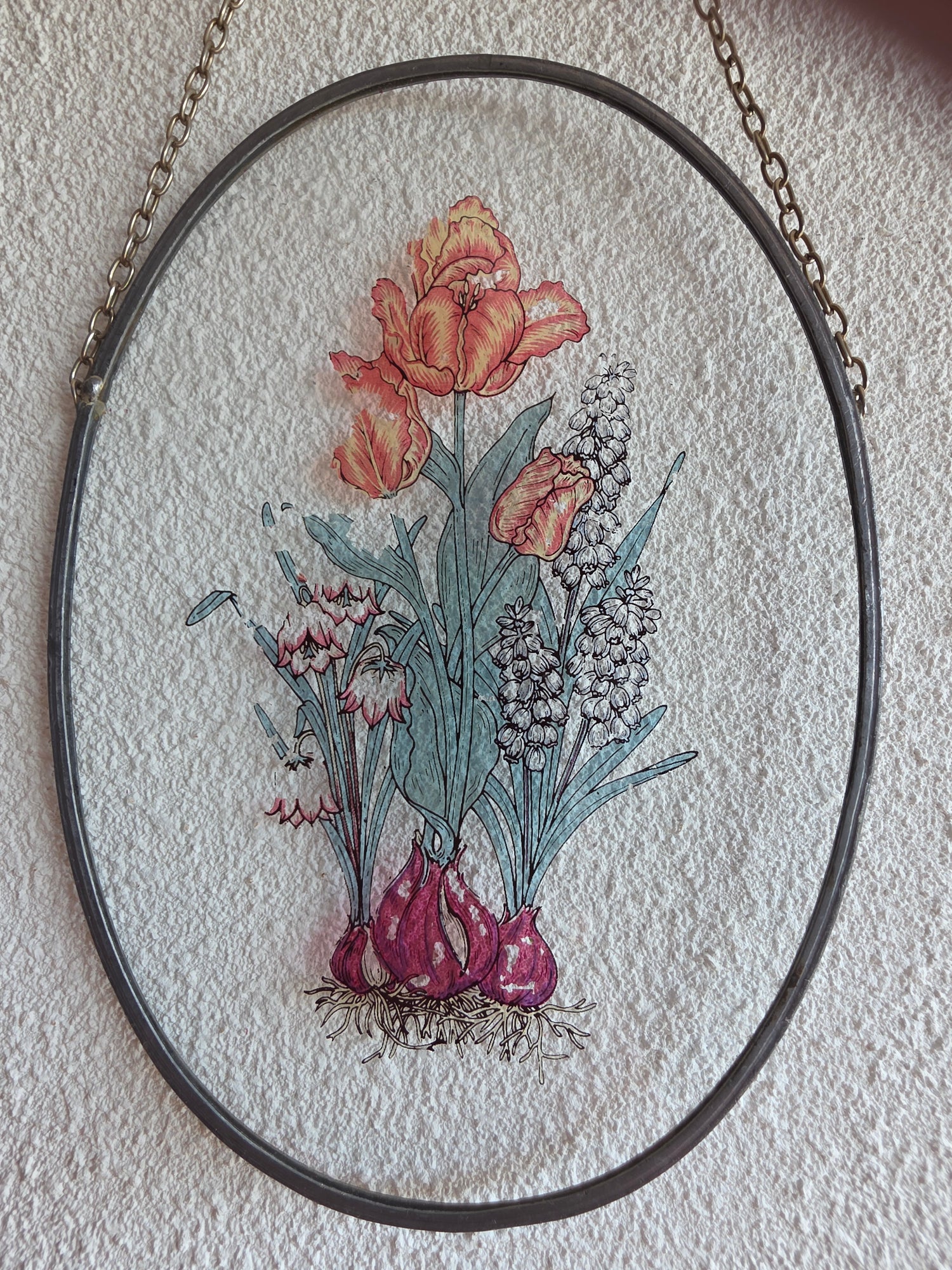 Vintage glas-in-lood raamhanger met bloemen 22 x 15,5 cm