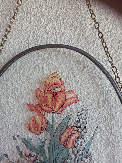 Vintage glas-in-lood raamhanger met bloemen 22 x 15,5 cm