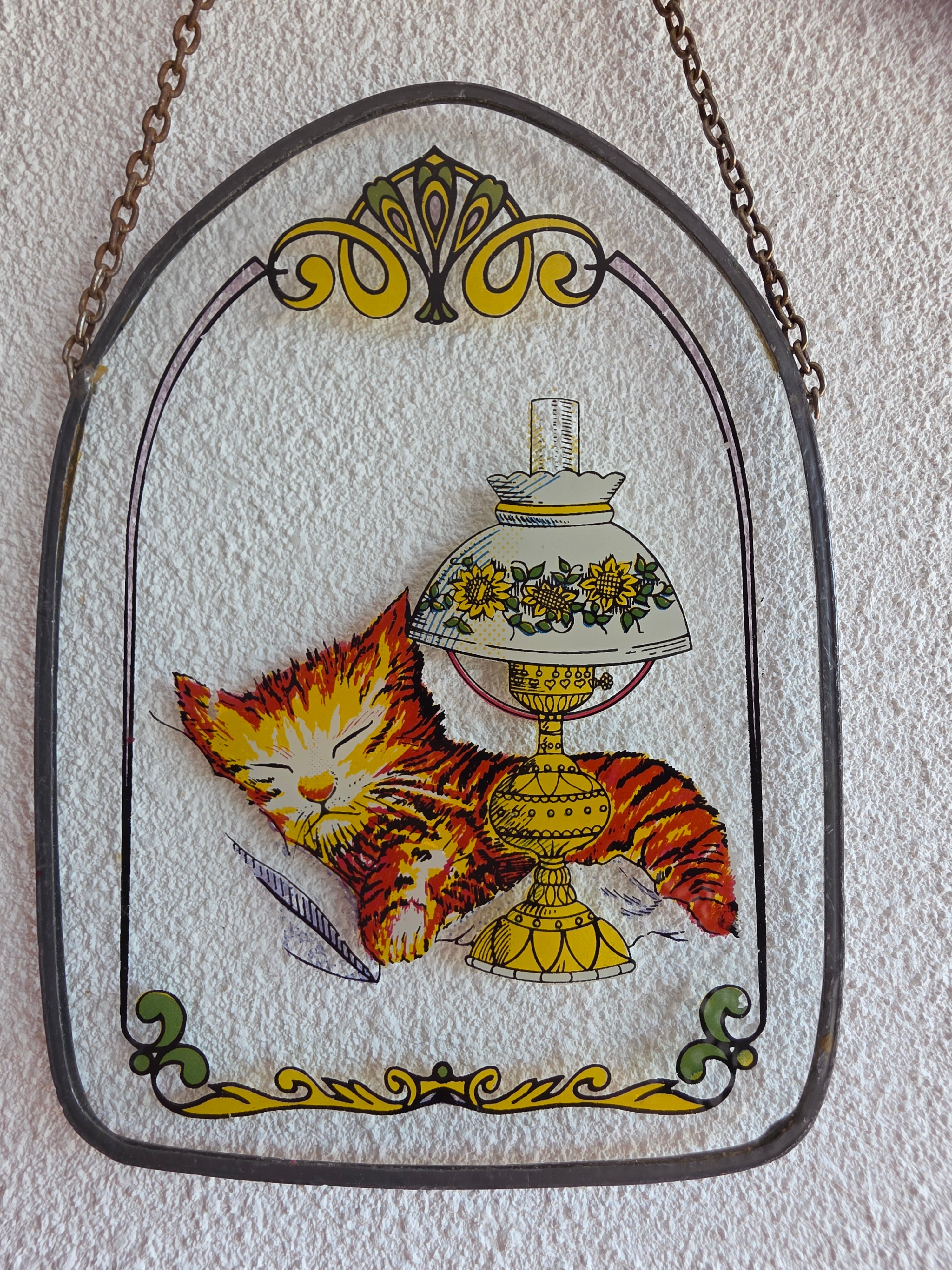 Vintage glas-in-lood hanger slapende kat