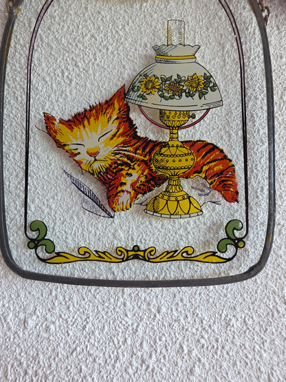 Vintage glas-in-lood hanger slapende kat