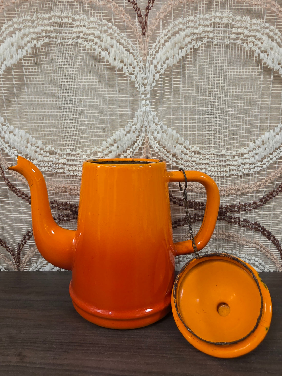 Vintage emaille koffiepot oranje 16,5 cm