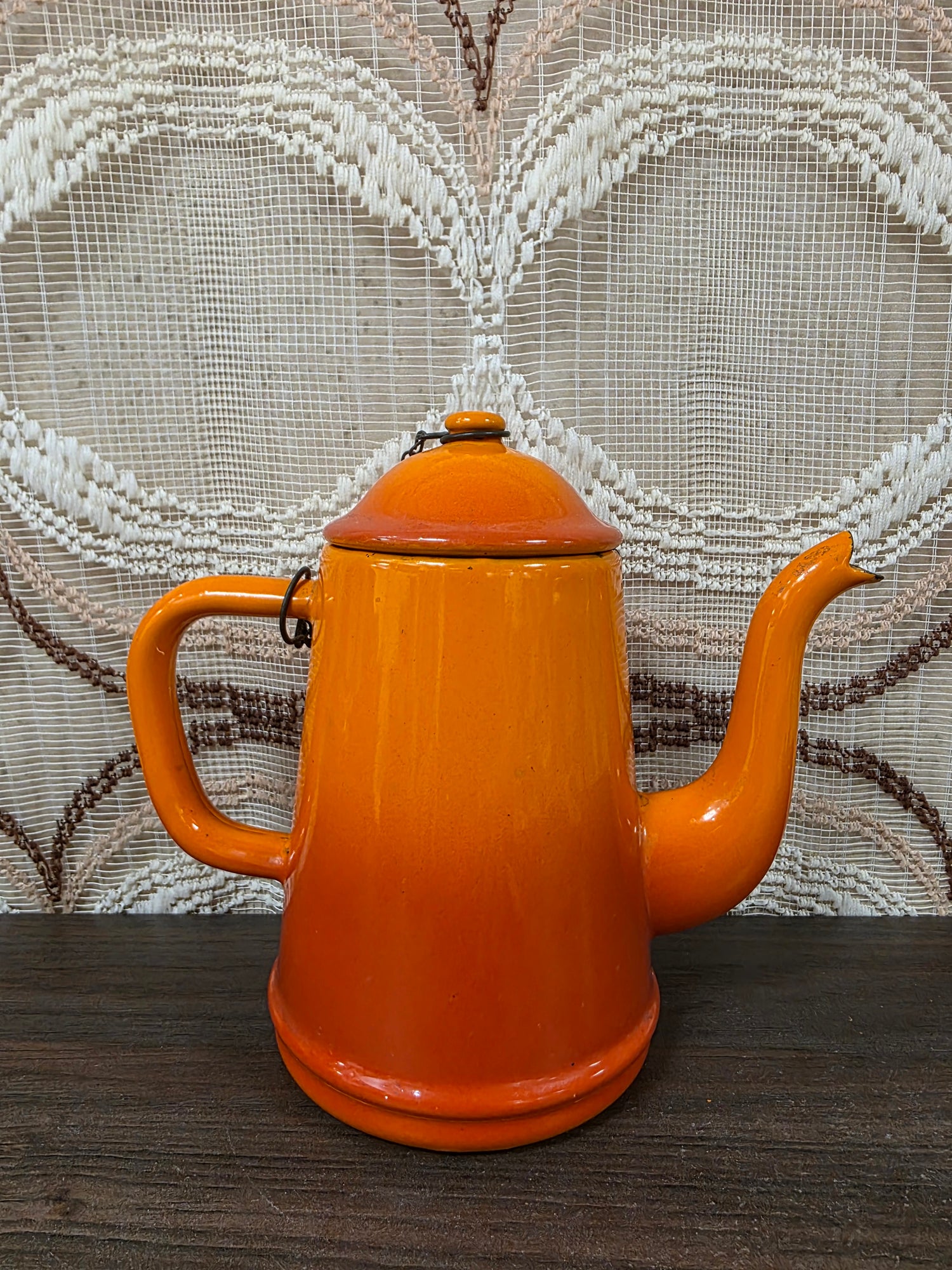 Vintage emaille koffiepot oranje 16,5 cm