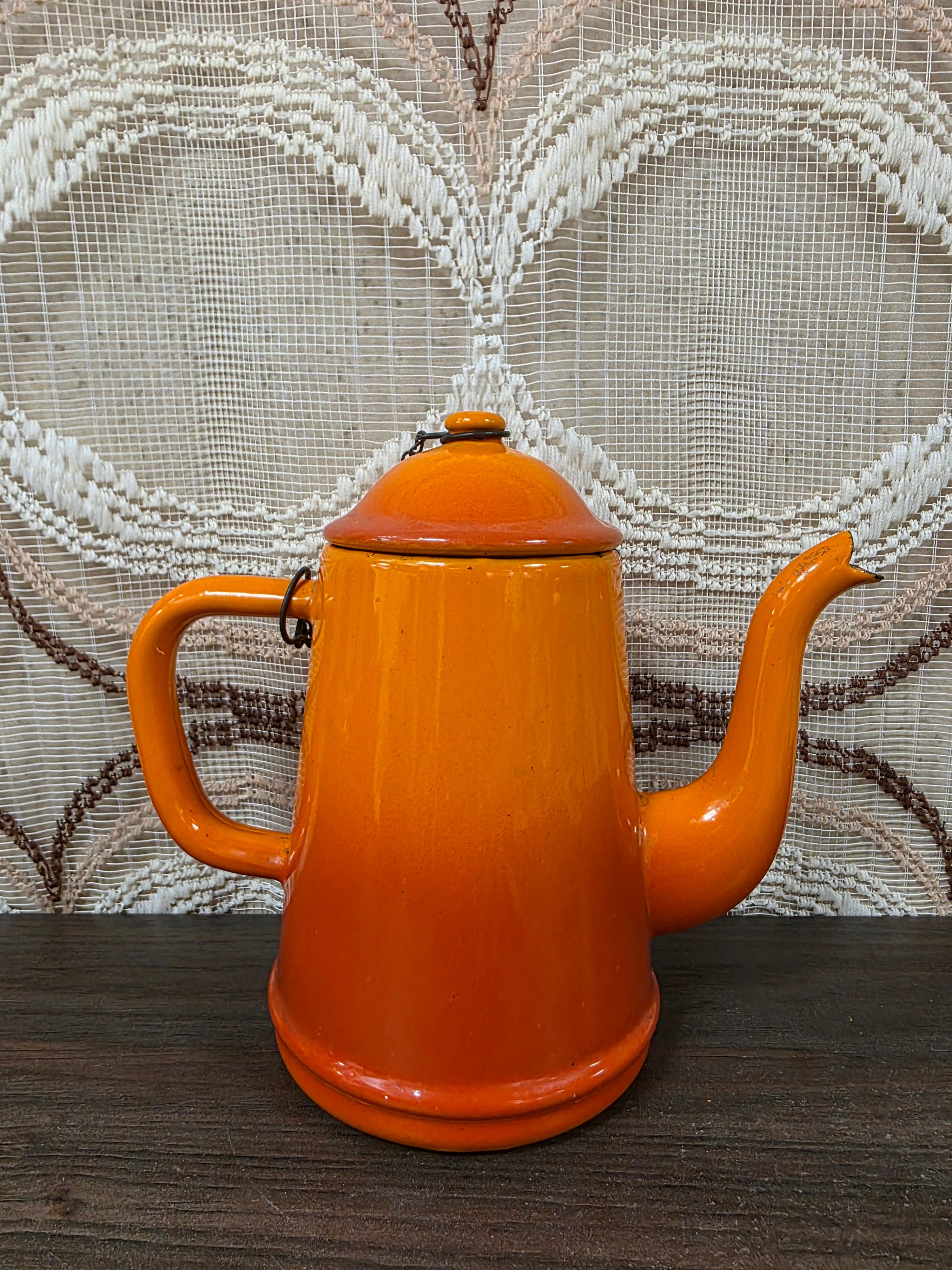 Vintage emaille koffiepot oranje 16,5 cm