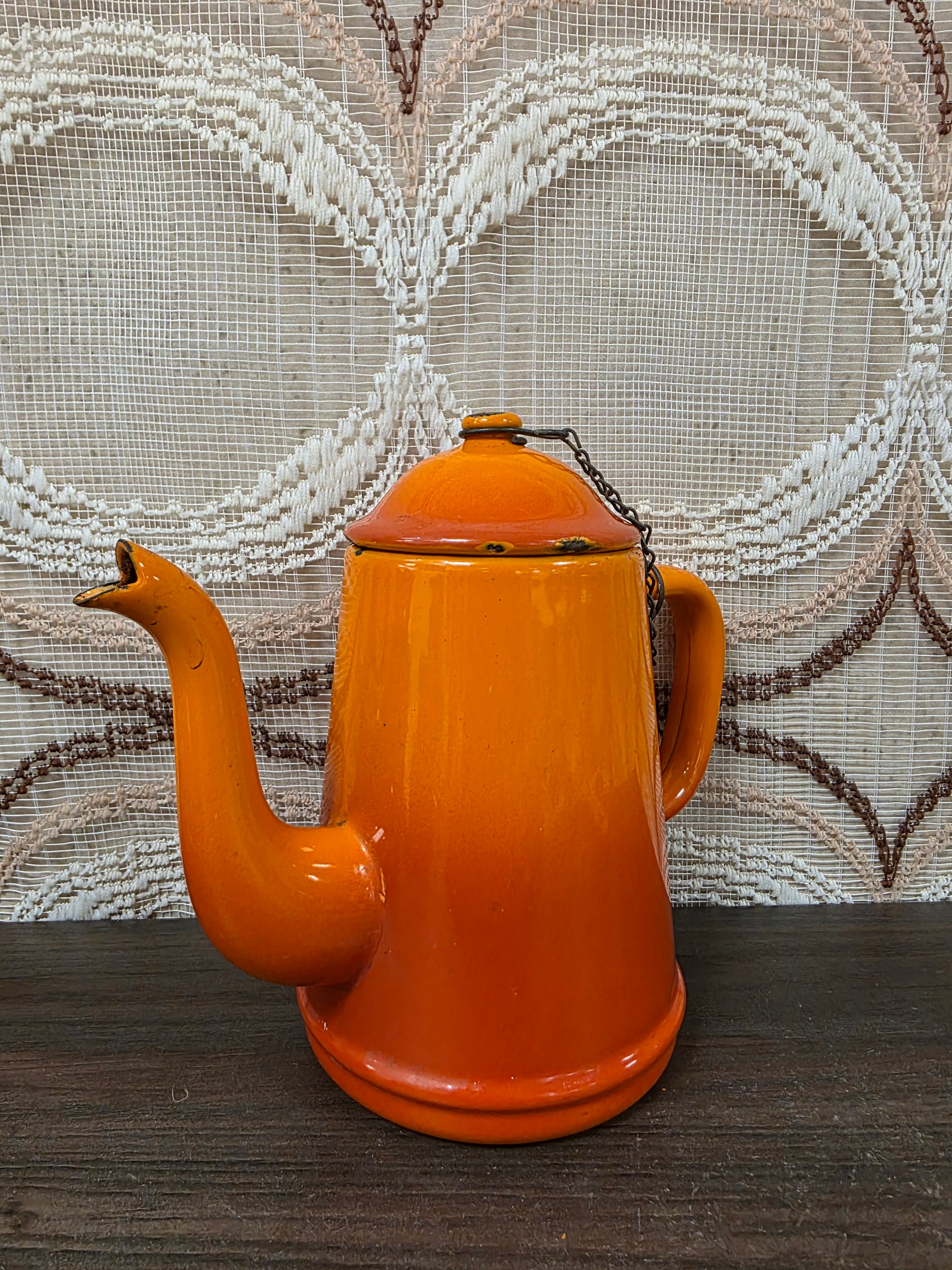 Vintage emaille koffiepot oranje 16,5 cm