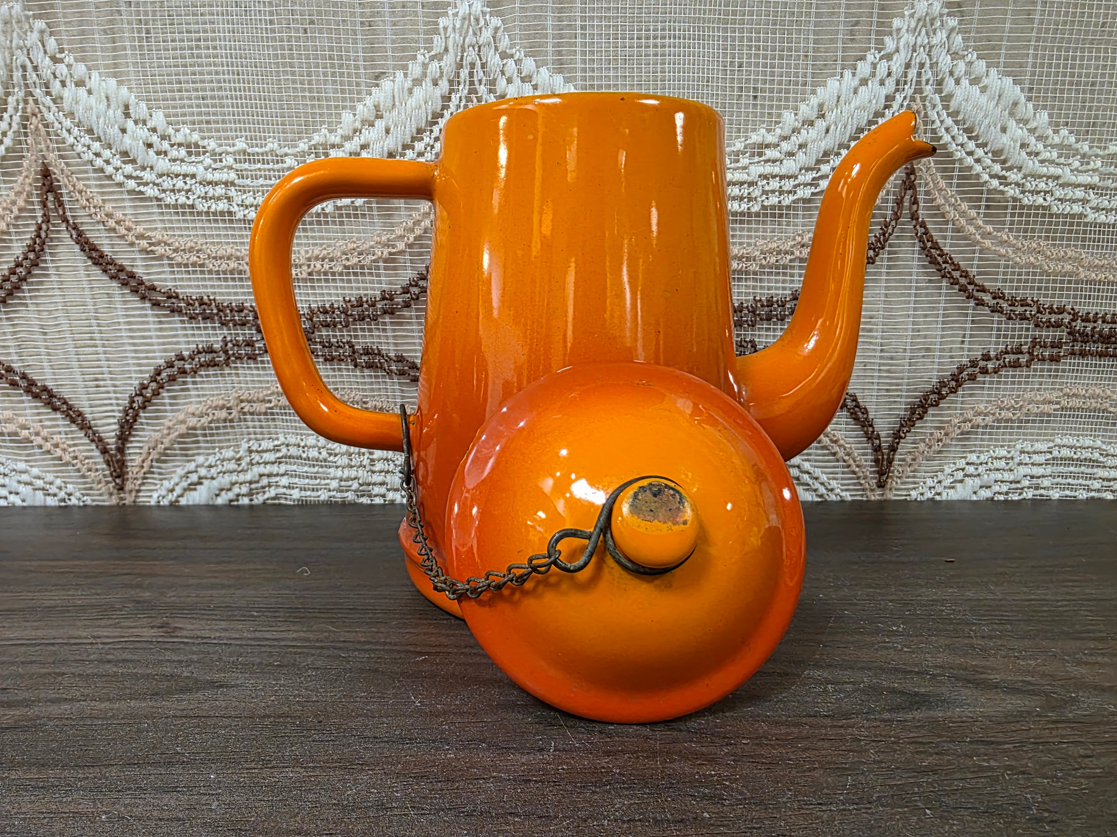 Vintage emaille koffiepot oranje 16,5 cm