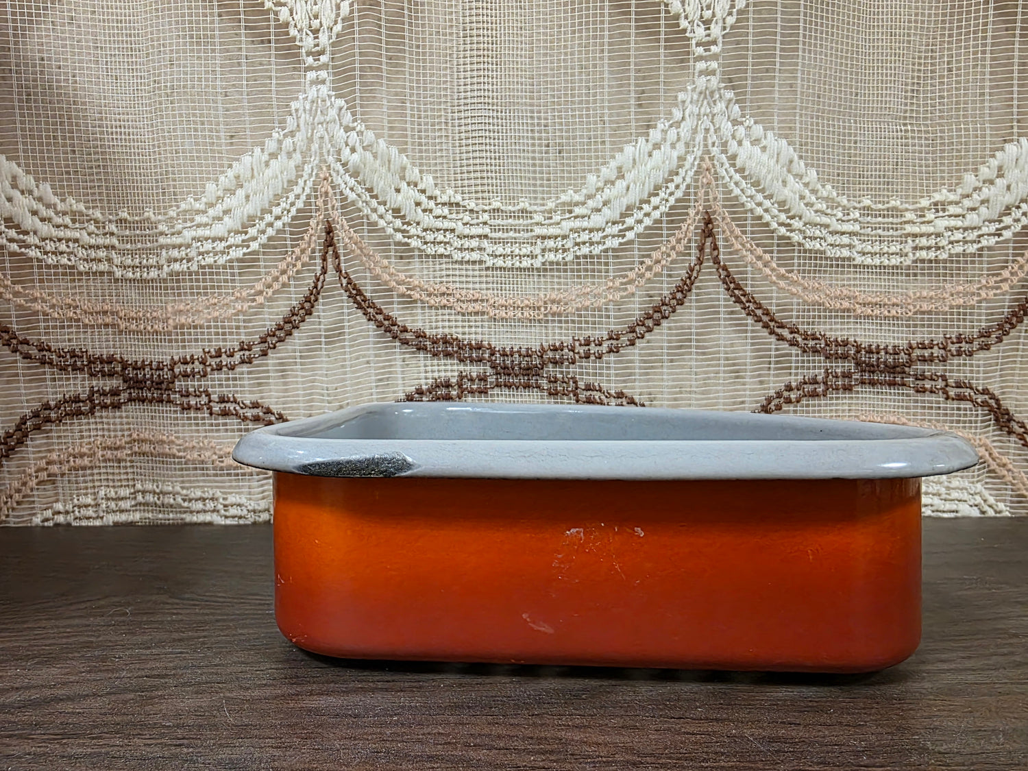 Vintage emaille gootsteenbakje oranje - grijs