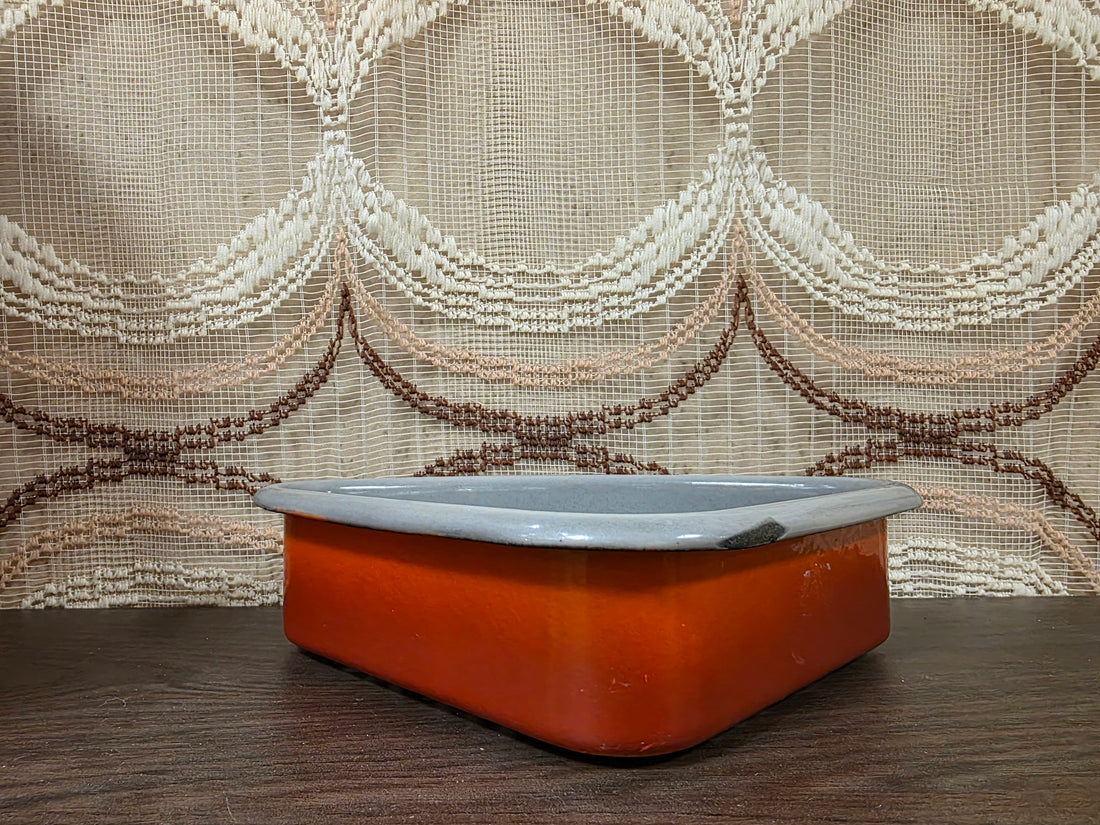 Vintage emaille gootsteenbakje oranje - grijs