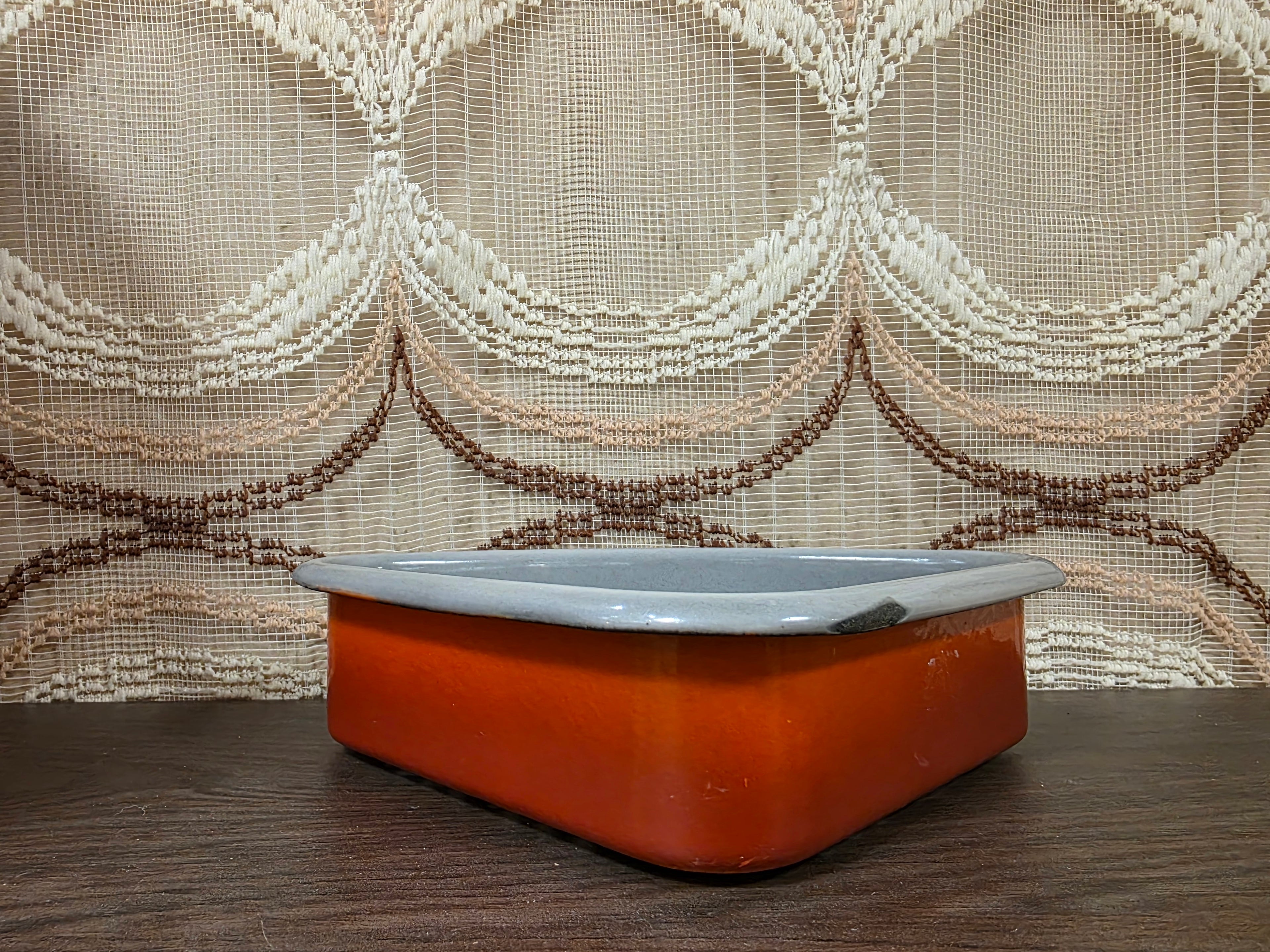 Vintage emaille gootsteenbakje oranje - grijs