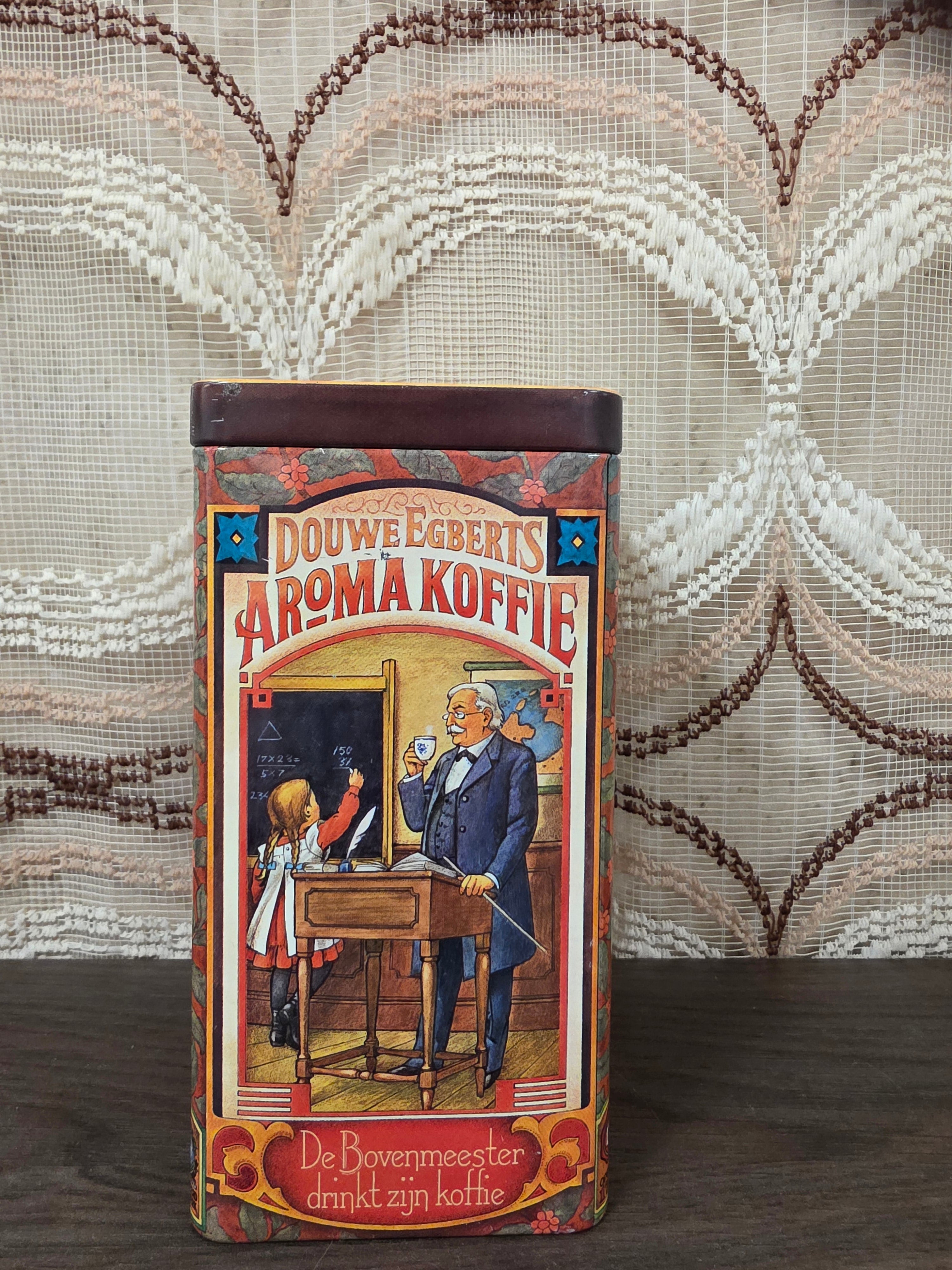 Vintage Douwe Egberts koffieblik met nostalgische illustraties