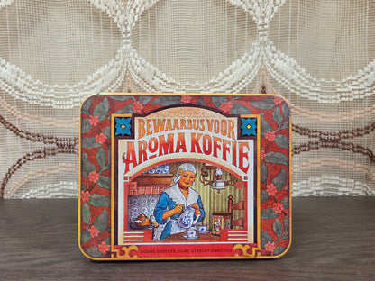 Vintage Douwe Egberts koffieblik met nostalgische illustraties