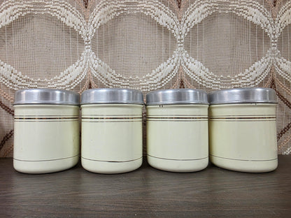 Vintage emaille kruidenbussen set van 4 met aluminium deksels