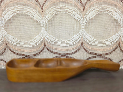 Vintage houten snackschaal met handgreep en 3 vakken
