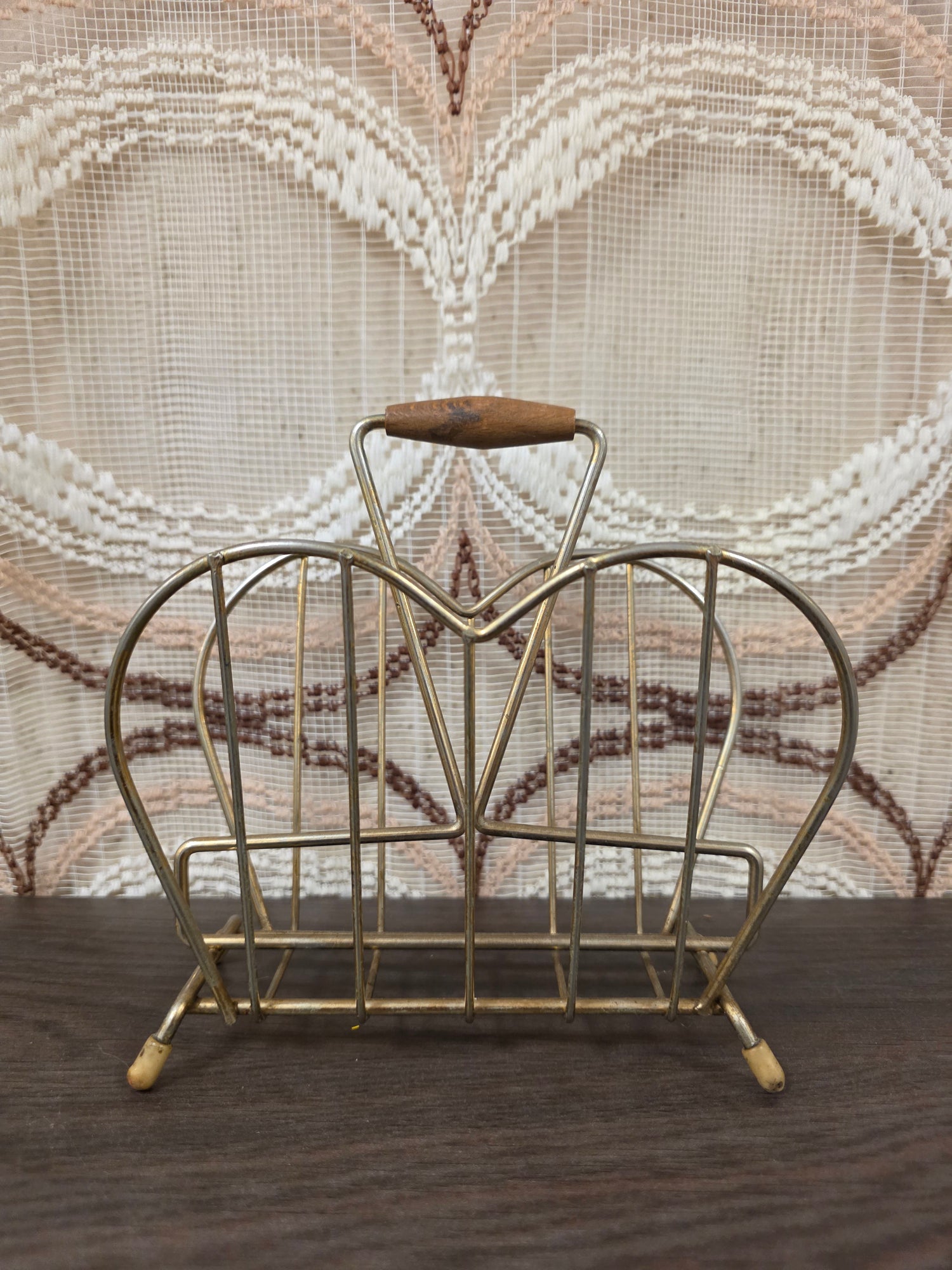 Vintage metalen servethouder met houten handgreep