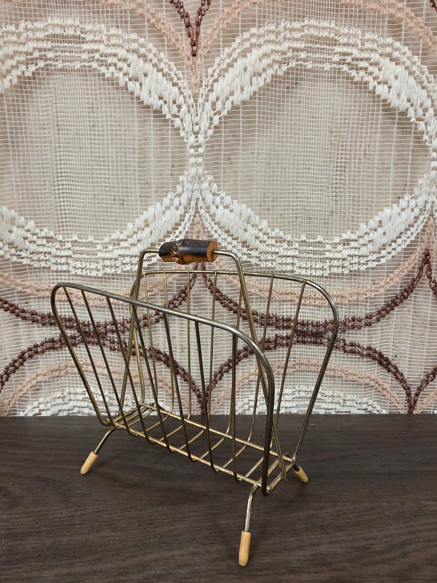 Vintage metalen servethouder met houten handgreep