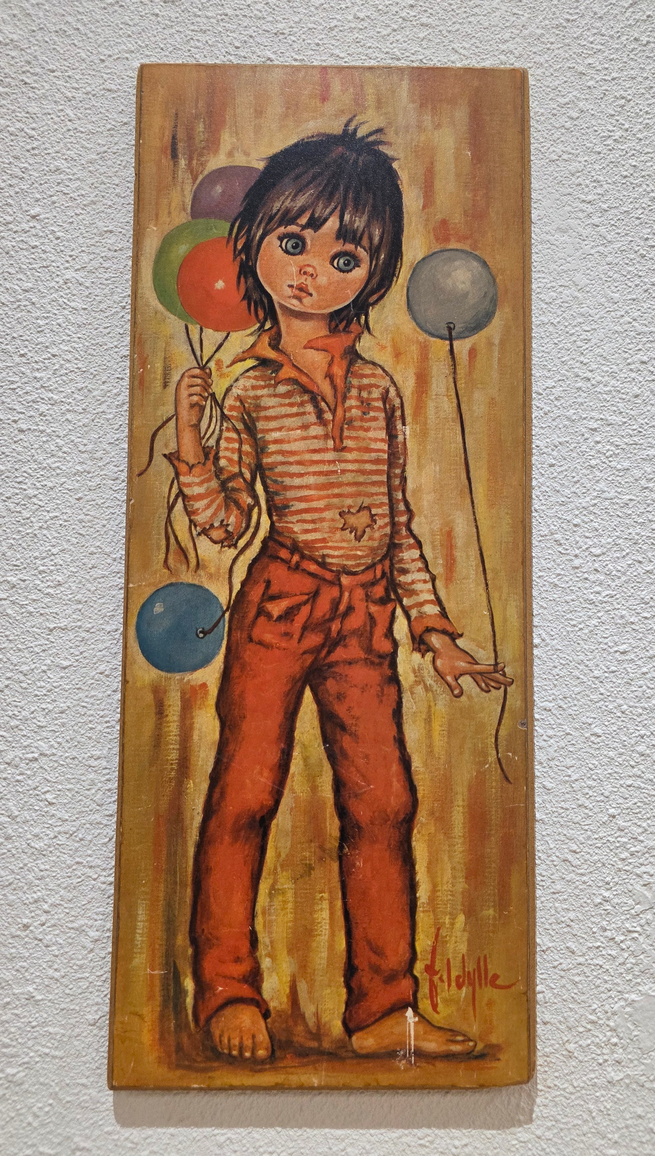 Idylle Falconi prent op hout – jongen met ballonnen