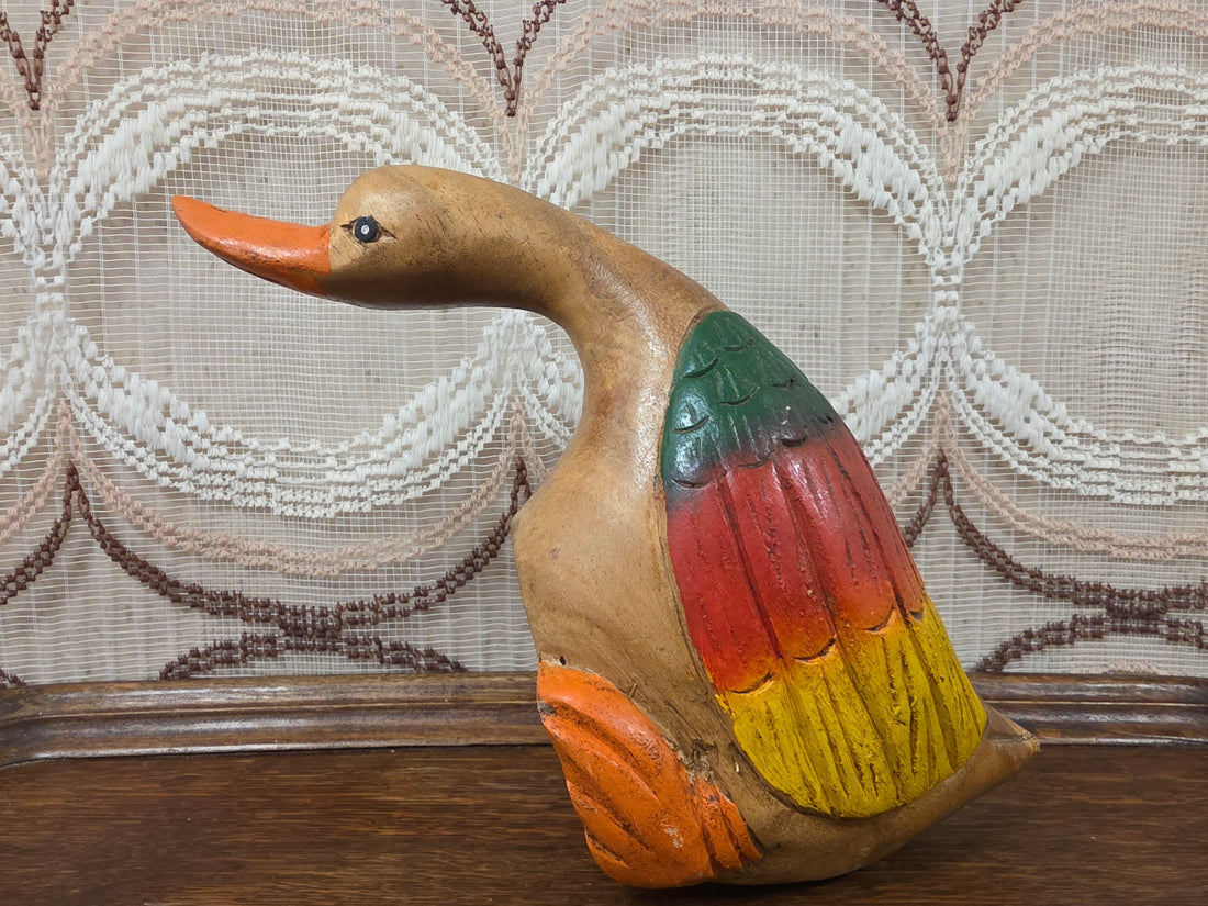 Vintage houten eend beeld massief hout