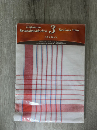 Vintage halflinnen keukenhanddoeken – 3 stuks new old stock