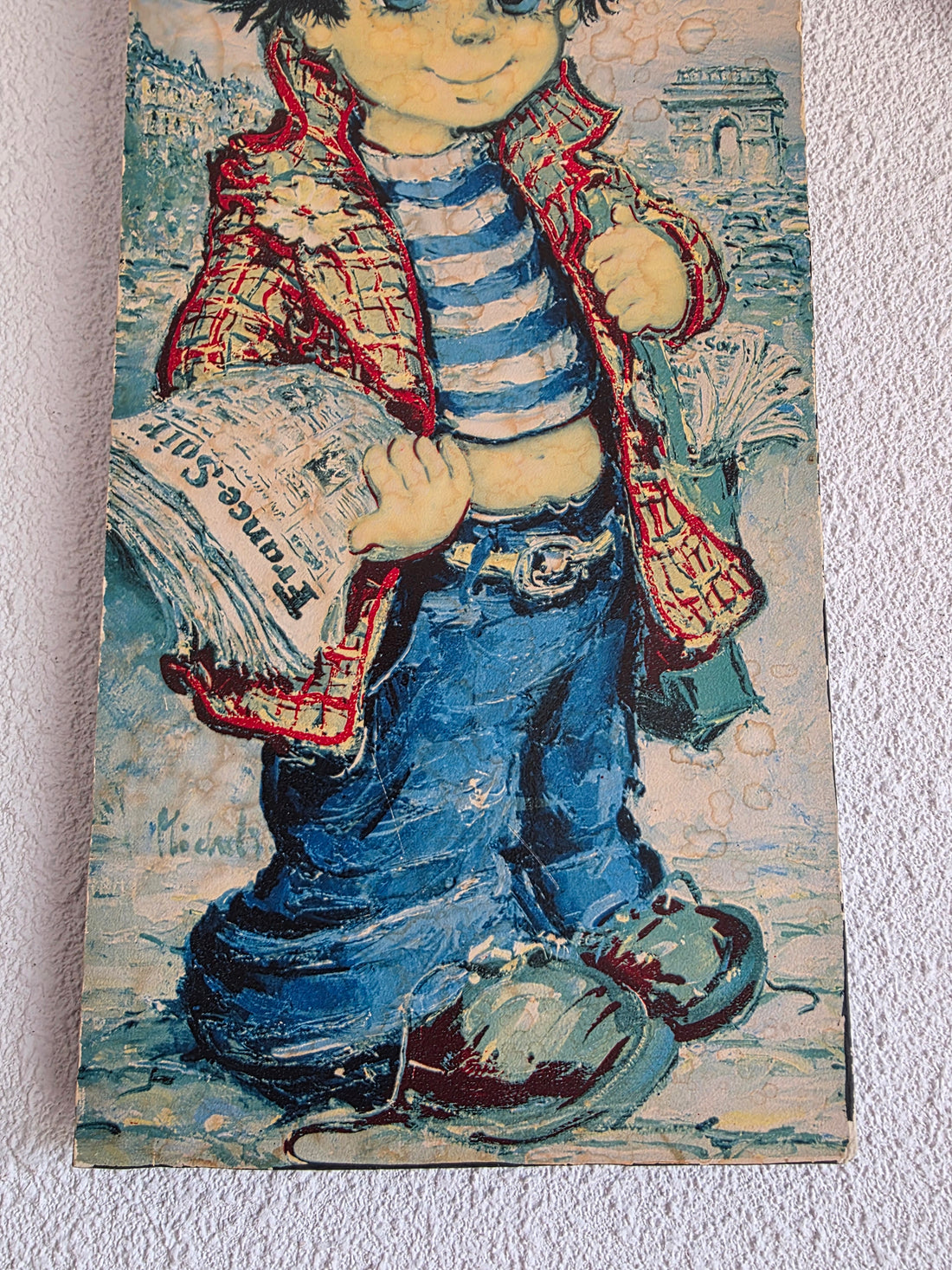 Vintage prent op hout van Michel Thomas – Parijse krantenjongen