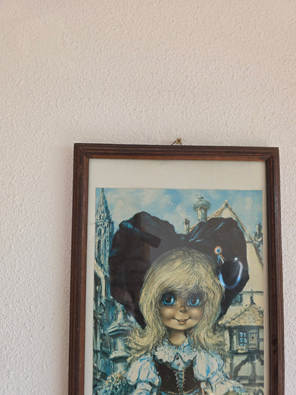 Vintage ingelijste prent meisje met grote ogen – 52 × 24 cm