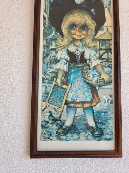 Vintage ingelijste prent meisje met grote ogen – 52 × 24 cm