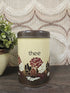 Vintage Brabantia theeblik in bruin Batique patroon met zwarte THEE-opdruk, jaren ’70.