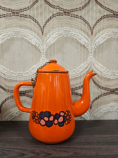 Oranje Brabantia emaille koffiepot met bloemendecor uit de jaren 70