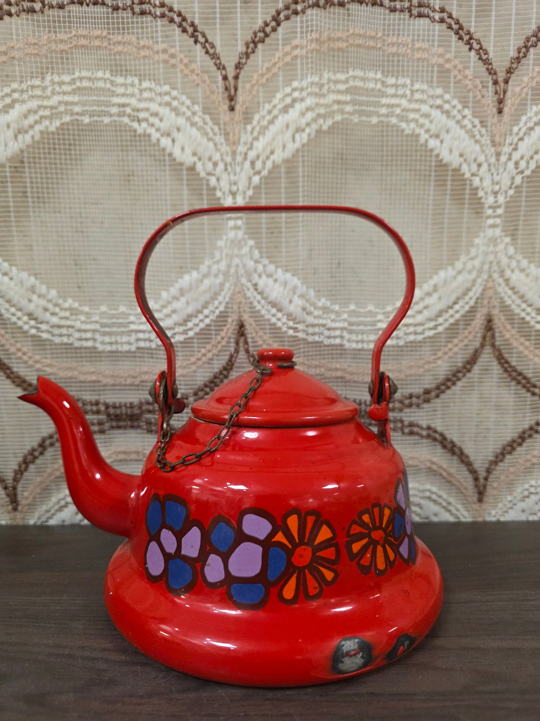 Brabantia Diane retro theepot rood met bloemen, decoratief