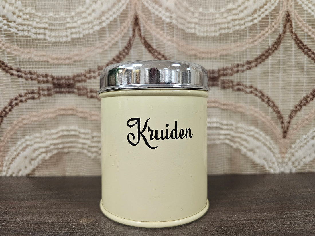 Brabantia kruidenblik jaren ’70 – klein crèmekleurig voorraadblik