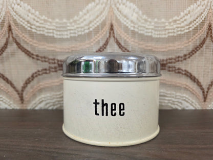 Crèmekleurig vintage Brabantia theeblik met opschrift thee