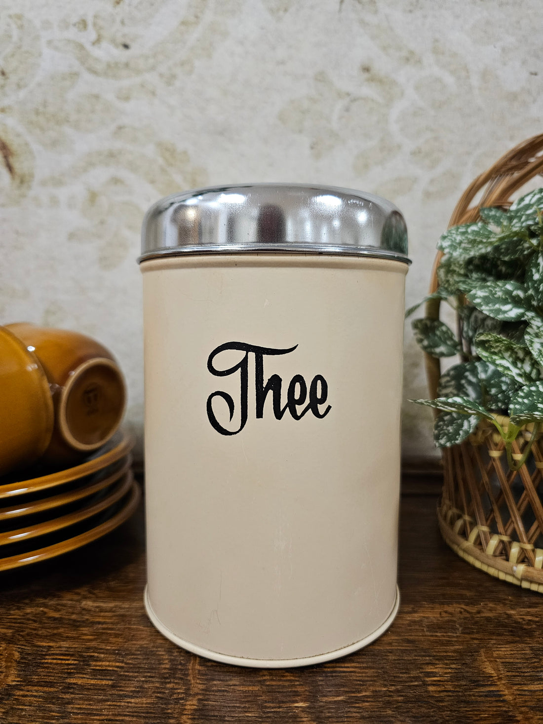 Vintage Brabantia cremekleur blik "thee"