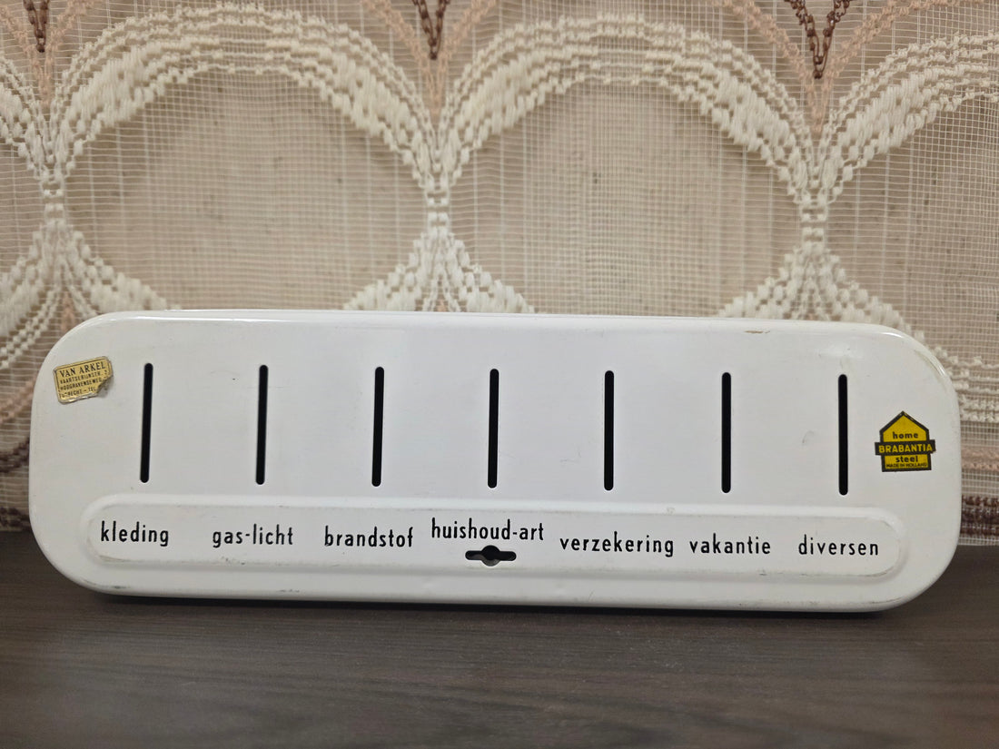 Vintage Brabantia metalen spaarblik met vakverdeling en bedrukking