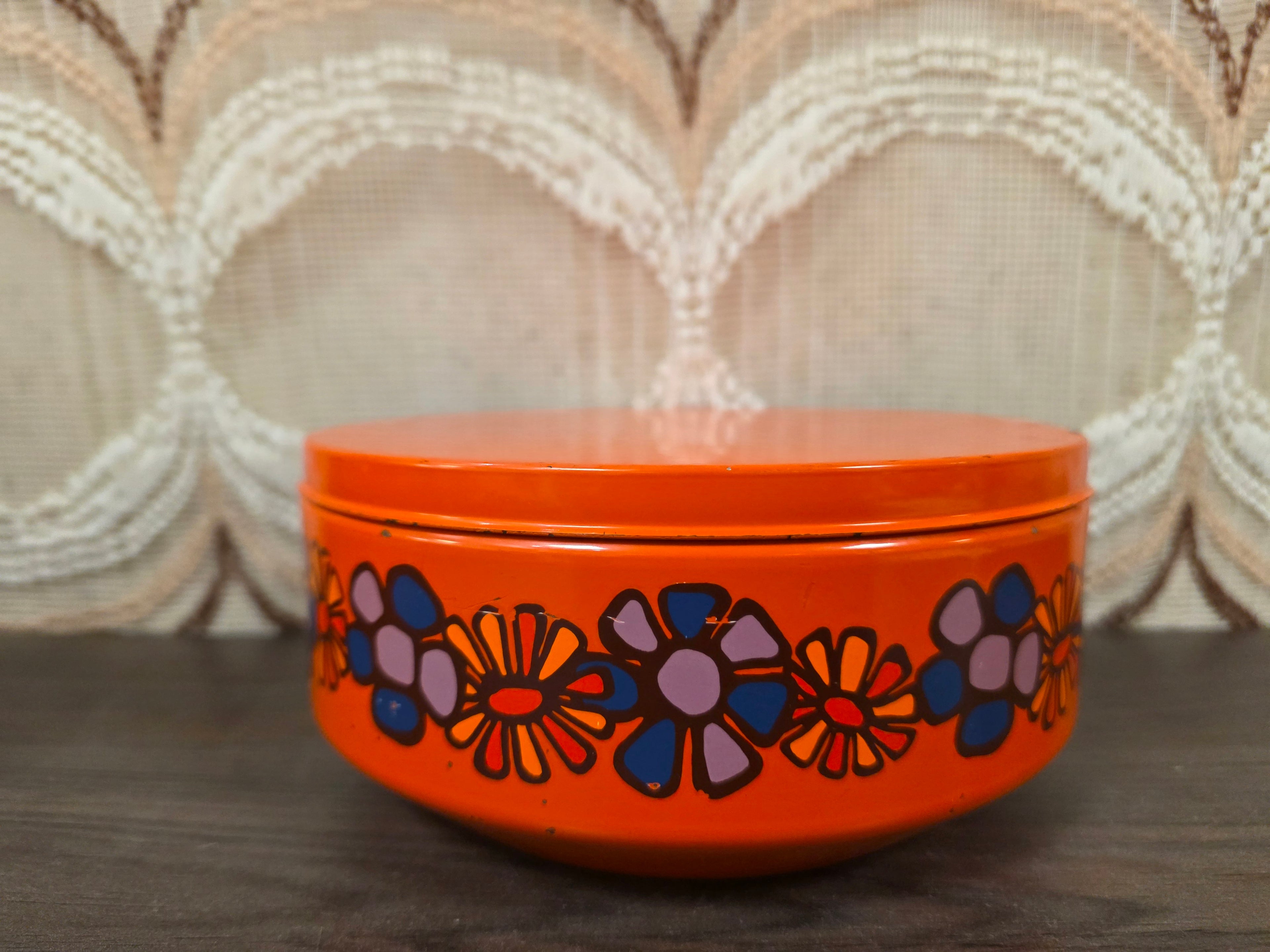 Brabantia Diane trommel oranje bloemen jaren 70 metaal